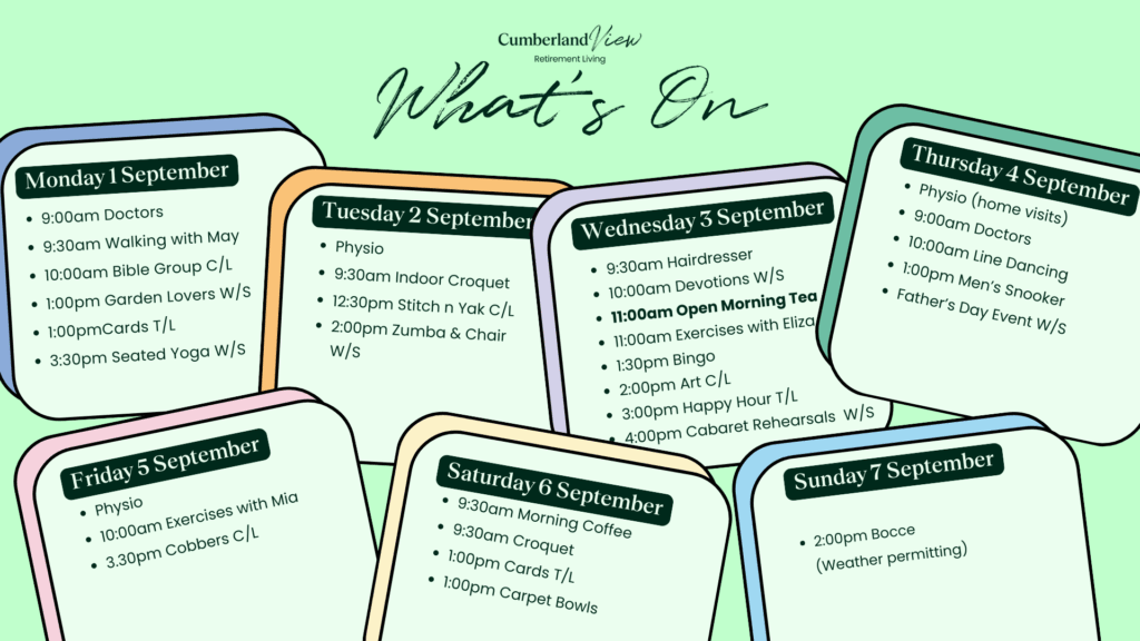 What’s On at Cumberland View Retirement Village | 1–7 September